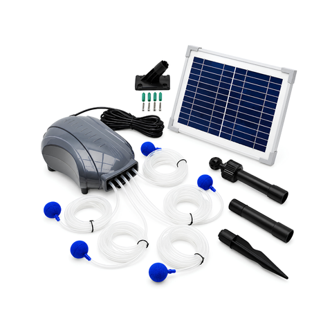 Solar Powered Air Pump with 5 Air Stones, featuring a 5W solar panel, five air outlets, five 30mm air stones and hoses for oxygenating garden ponds, koi ponds and fish ponds.