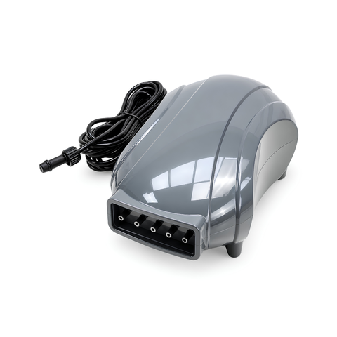 Solar Powered Air Pump with 5 Air Stones, featuring a 5W solar panel, five air outlets, five 30mm air stones and hoses for oxygenating garden ponds, koi ponds and fish ponds.