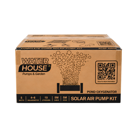 Solar Powered Air Pump with Single Large Air Stone, featuring a 5W solar panel, 10 L/min maximum airflow, 50 × 150mm air stone and 5m hose for aerating garden ponds and fish ponds.