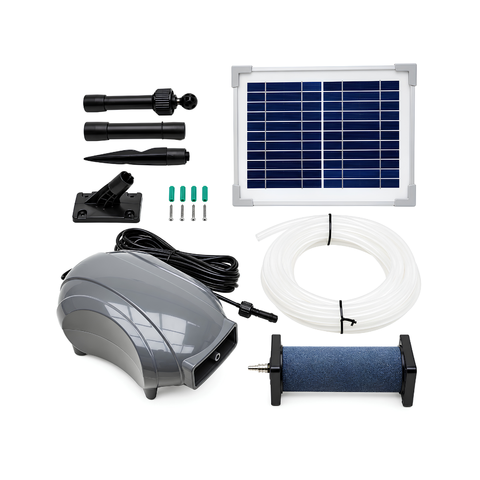 Solar Powered Air Pump with Single Large Air Stone, featuring a 5W solar panel, 10 L/min maximum airflow, 50 × 150mm air stone and 5m hose for aerating garden ponds and fish ponds.