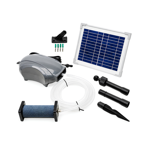 Solar Powered Air Pump with Single Large Air Stone, featuring a 5W solar panel, 10 L/min maximum airflow, 50 × 150mm air stone and 5m hose for aerating garden ponds and fish ponds.