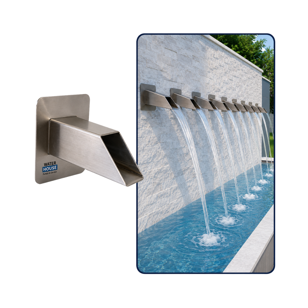 Square Stainless Steel Wall Spout for creating smooth cascading water flows in garden fountains, water walls and decorative water features