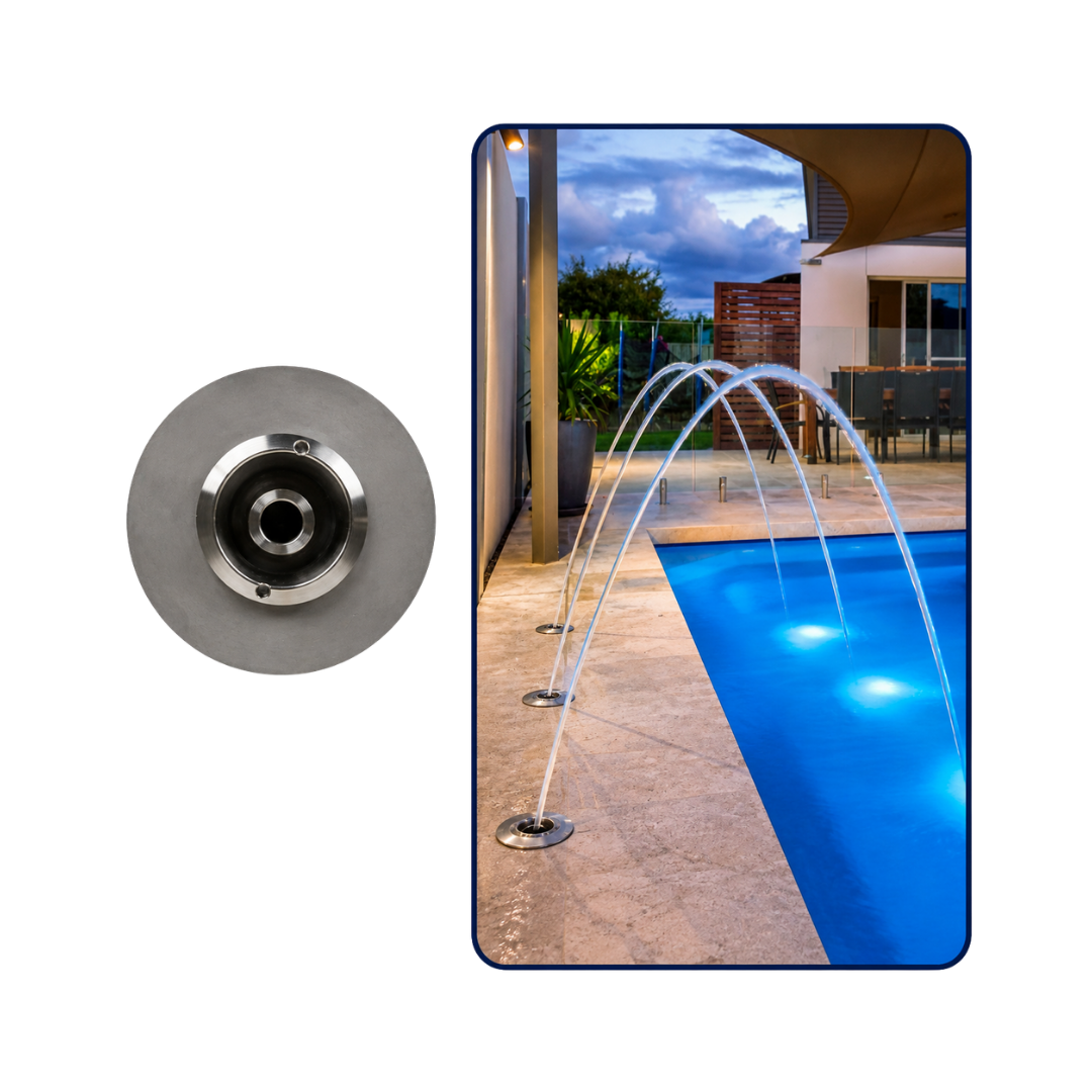 Stainless Steel Deck Jet Fountain Nozzle for creating arched water streams in pools, ponds, fountains and decorative water features