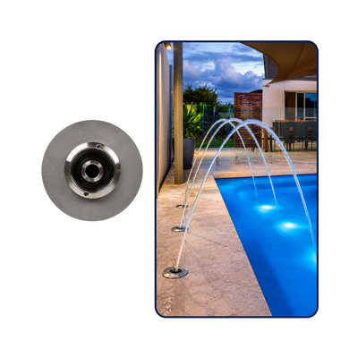 Stainless Steel Deck Jet Fountain Nozzle for creating arched water streams in pools, ponds, fountains and decorative water features