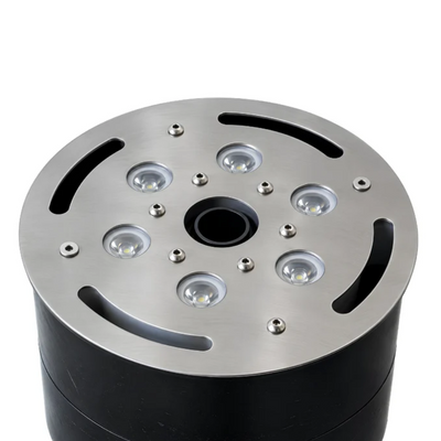 12mm stainless steel LED deck jet with 18W white 12V light and foam fountain nozzle for flush-mounted water features and fountains