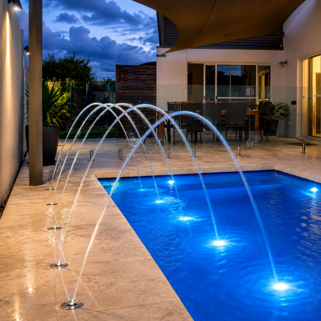 Stainless Steel Deck Jet Fountain Nozzle for creating arched water streams in pools, ponds, fountains and decorative water features