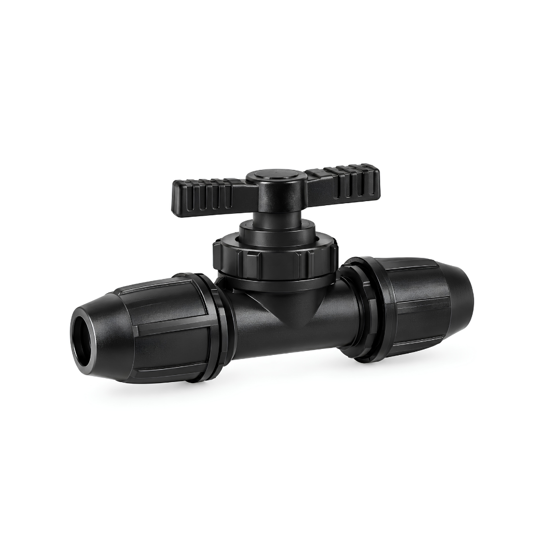 Black irrigation compression stop valve with manual shut-off handle for polyethylene irrigation pipe, available in 20mm, 25mm and 32mm sizes