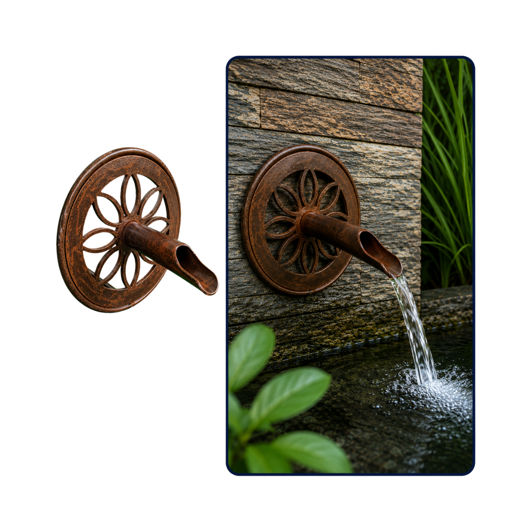 Small Straight Round Daisy Water Spout for wall-mounted garden fountains, ponds and decorative water features