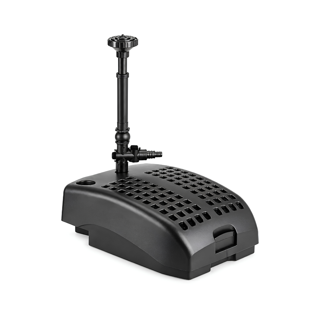 Submersible Bio-Filter, Pump, and UV Filter Combo for garden ponds and fish ponds up to 2,000 litres. All-in-one pond filtration system with 1,500 L/h 45W fountain pump, mechanical and biological filtration, UV clarifier and fountain nozzles. Designed to help remove pond debris, control green water algae, support beneficial bacteria and improve pond water clarity.