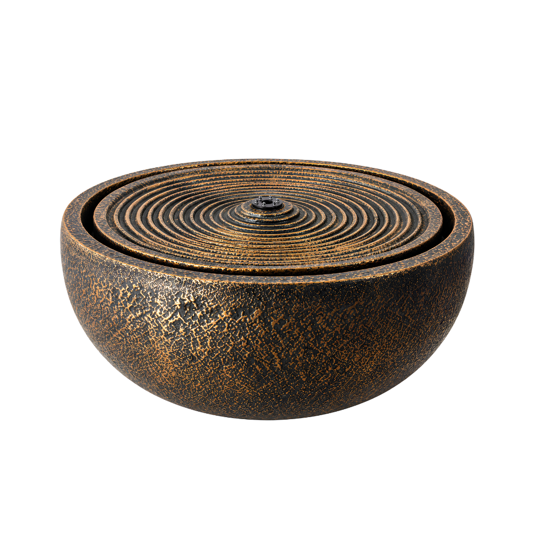 Textured Ripple Bowl Water Feature with concentric circular design and bronze-look finish for indoor or outdoor use