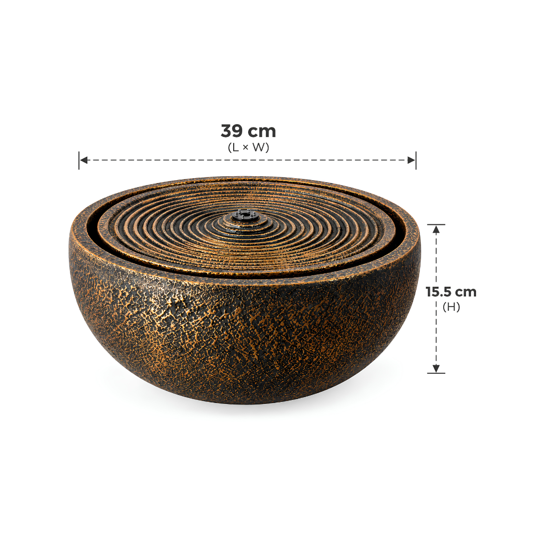Textured Ripple Bowl Water Feature with concentric circular design and bronze-look finish for indoor or outdoor use