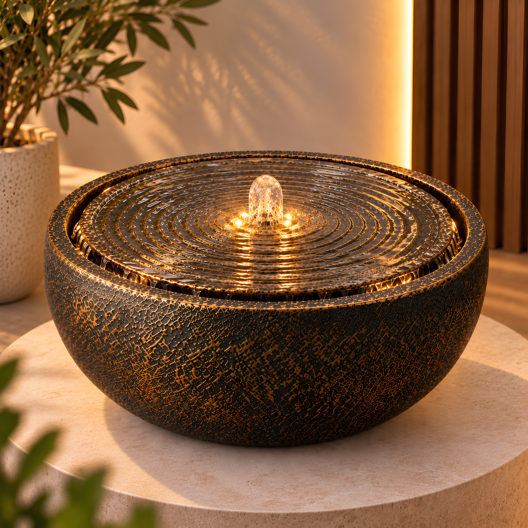 Textured Ripple Bowl Water Feature with concentric circular design and bronze-look finish for indoor or outdoor use