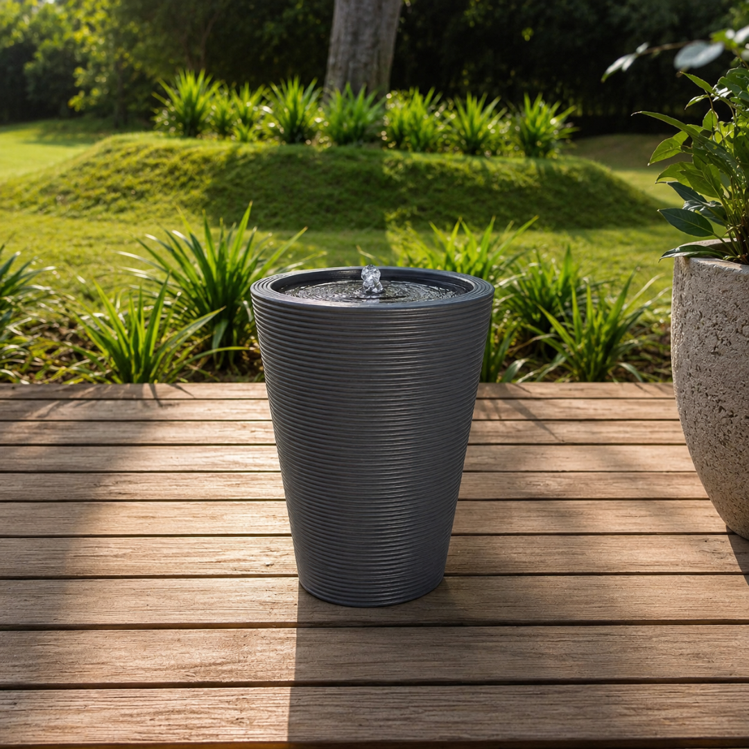 Textured Tempo contemporary outdoor water feature for gardens, patios, courtyards and landscaped spaces
