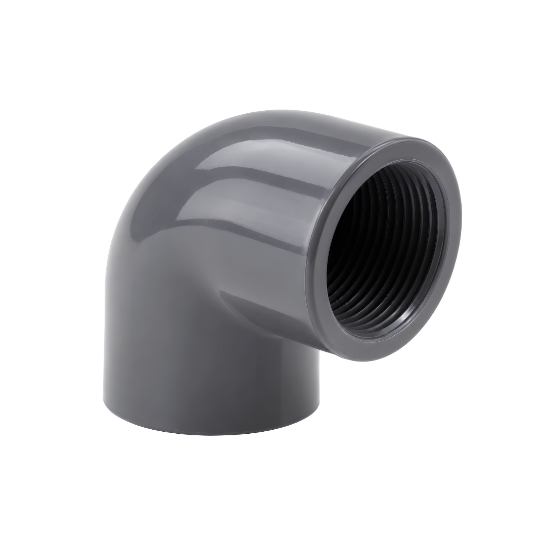 PVC 90-degree female threaded elbow PN16 for connecting male-threaded fittings in pressure water systems
