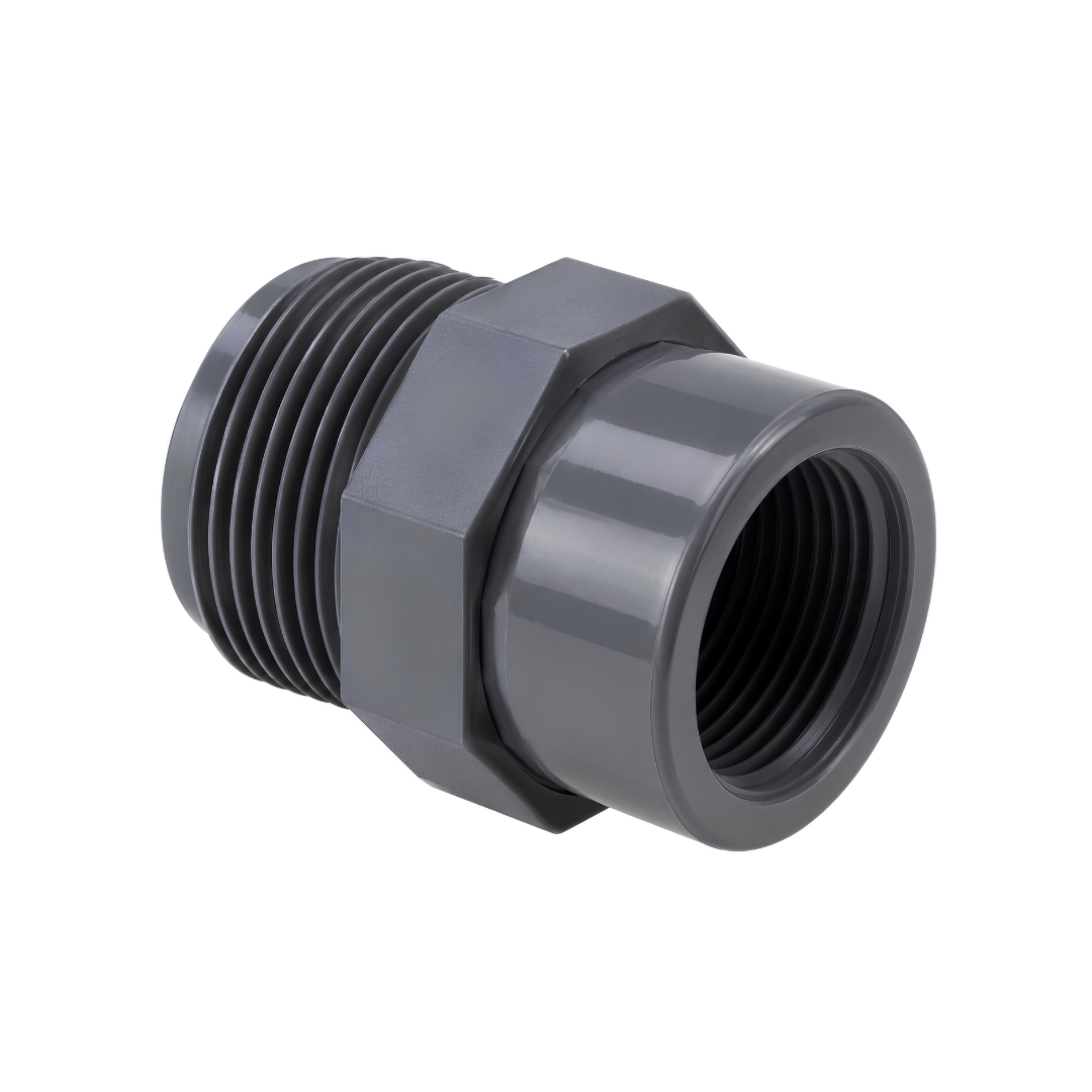 Grey PVC threaded reducing bush PN16 with male and female threaded connections for irrigation, pumps, filtration and water systems
