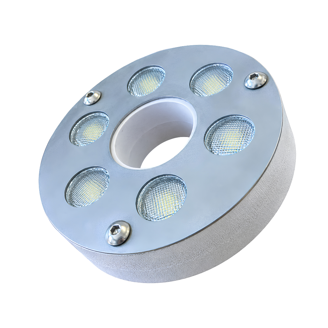 Under Water White Ring Light 9 watts with 110mm diameter, 25mm centre opening, 1-inch fountain nozzle adaptor and 1.5m cable, designed to illuminate fountain sprays and decorative water features.