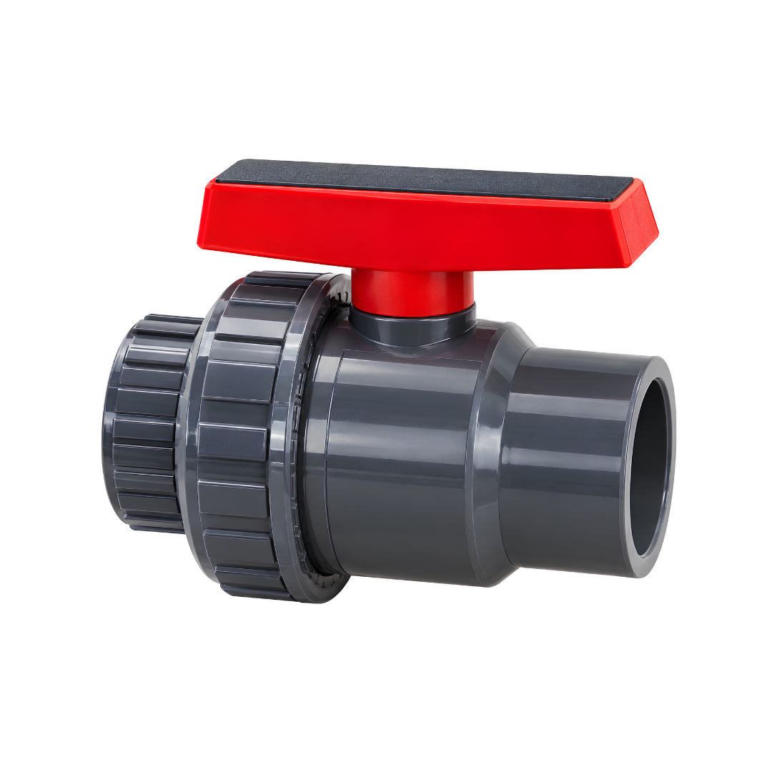 PVC single union ball valve glue type PN10 with red handle for pool, pump, irrigation and water pipe installations