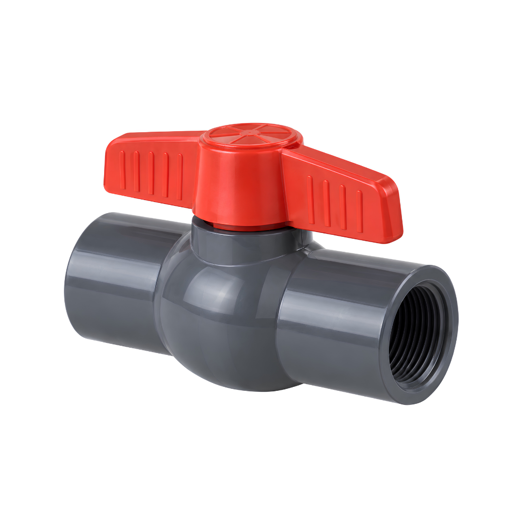 PVC compact ball valve PN10 with female threaded connections and quarter-turn handle for controlling water flow