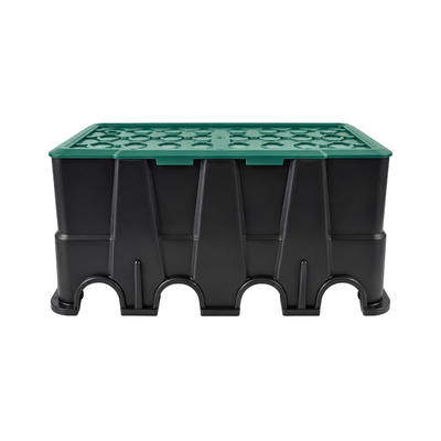 Underground irrigation valve box with removable green access lid for protecting irrigation valves and pipe fittings