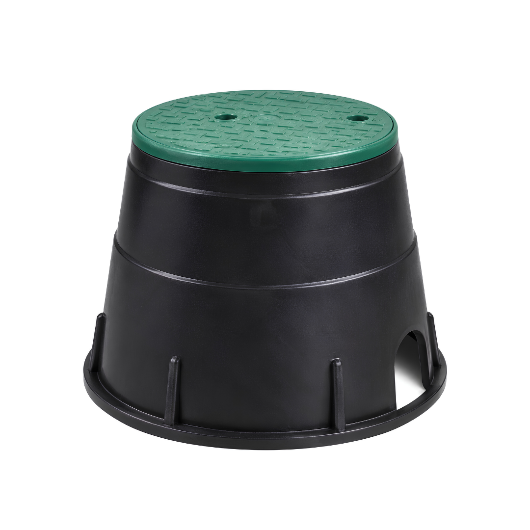 Underground irrigation valve box with removable green access lid for protecting irrigation valves and pipe fittings