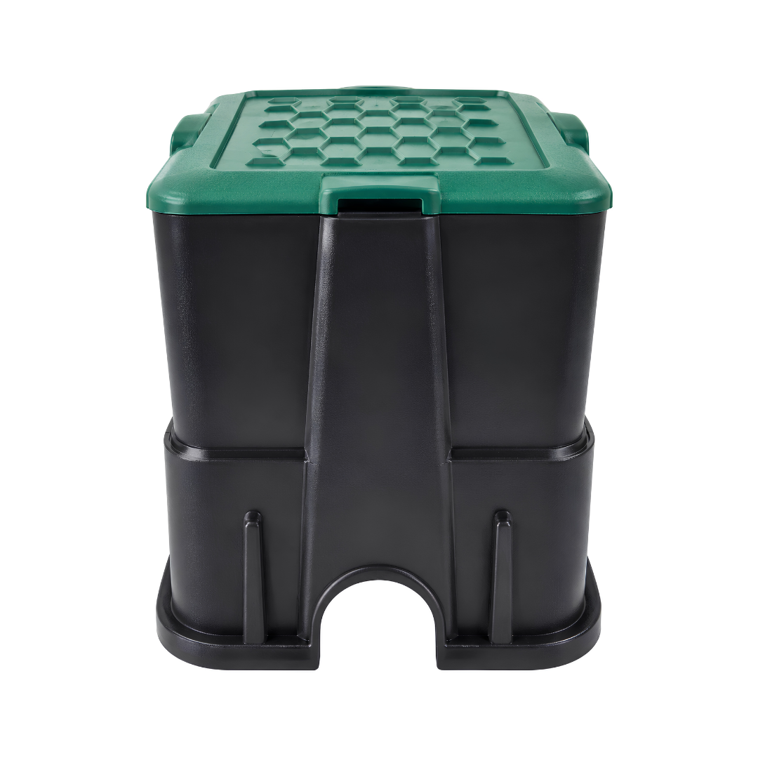 Underground irrigation valve box with removable green access lid for protecting irrigation valves and pipe fittings