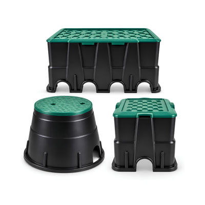Underground irrigation valve box with removable green access lid for protecting irrigation valves and pipe fittings