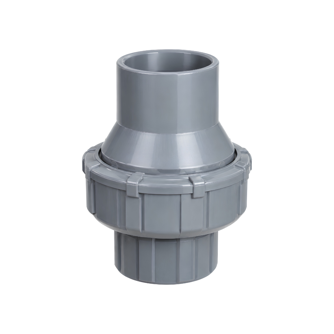 Grey PVC check valve non-return valve PN10 with solvent-weld socket connections for pumps, pools, irrigation and water systems