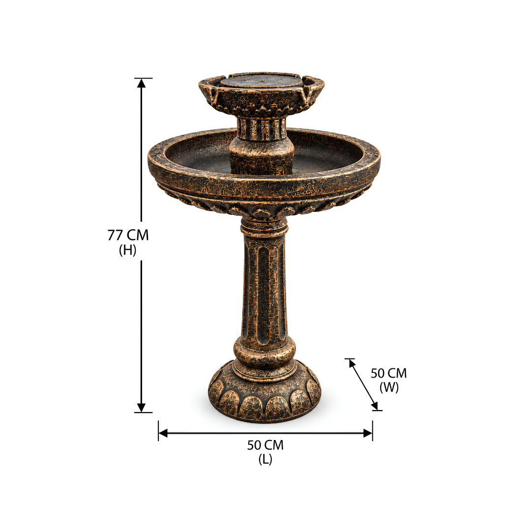 Vintage 2-Tier Water Feature with antique bronze finish, ornate pedestal and cascading water, ideal for indoor and outdoor spaces.