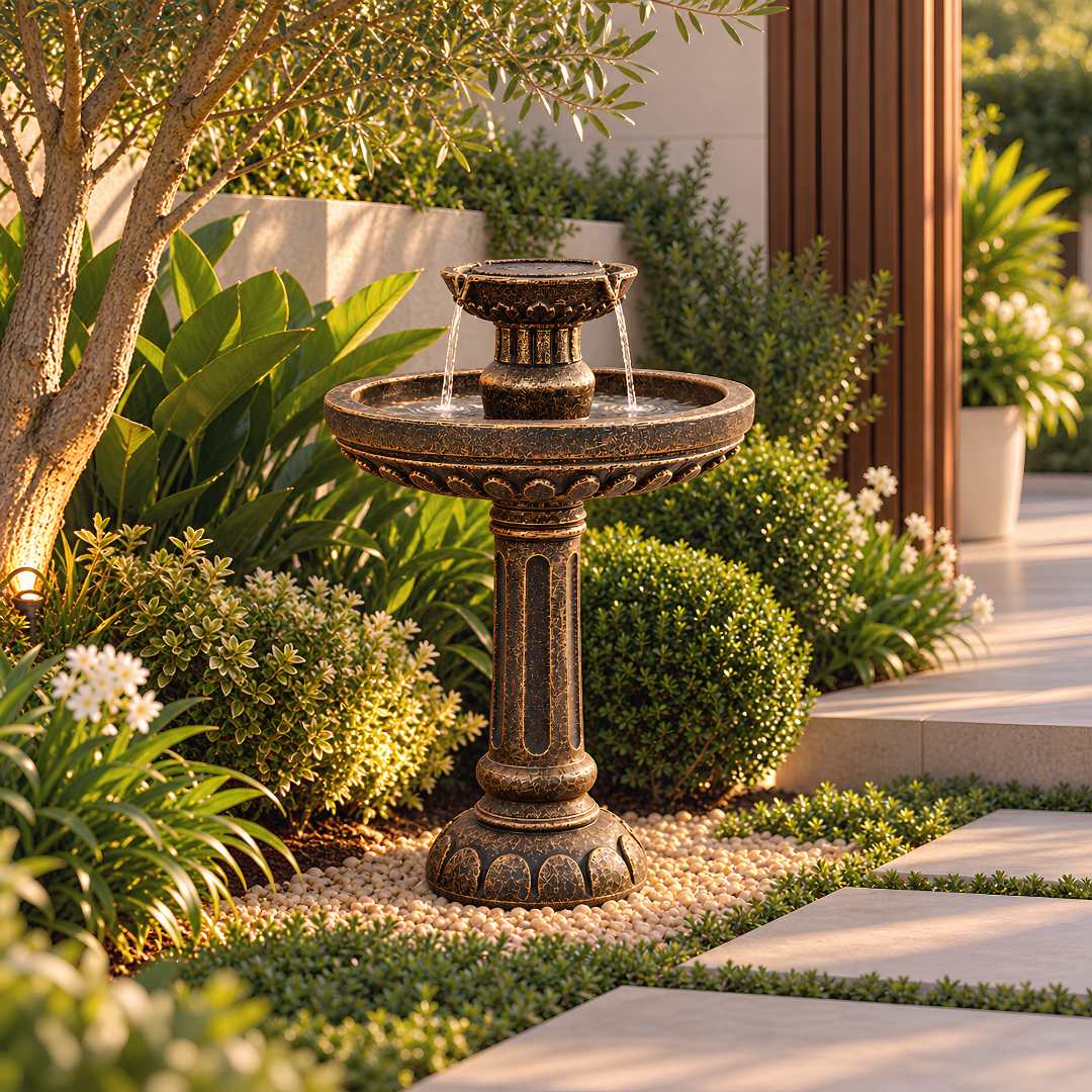 Vintage 2-Tier Water Feature with antique bronze finish, ornate pedestal and cascading water, ideal for indoor and outdoor spaces.