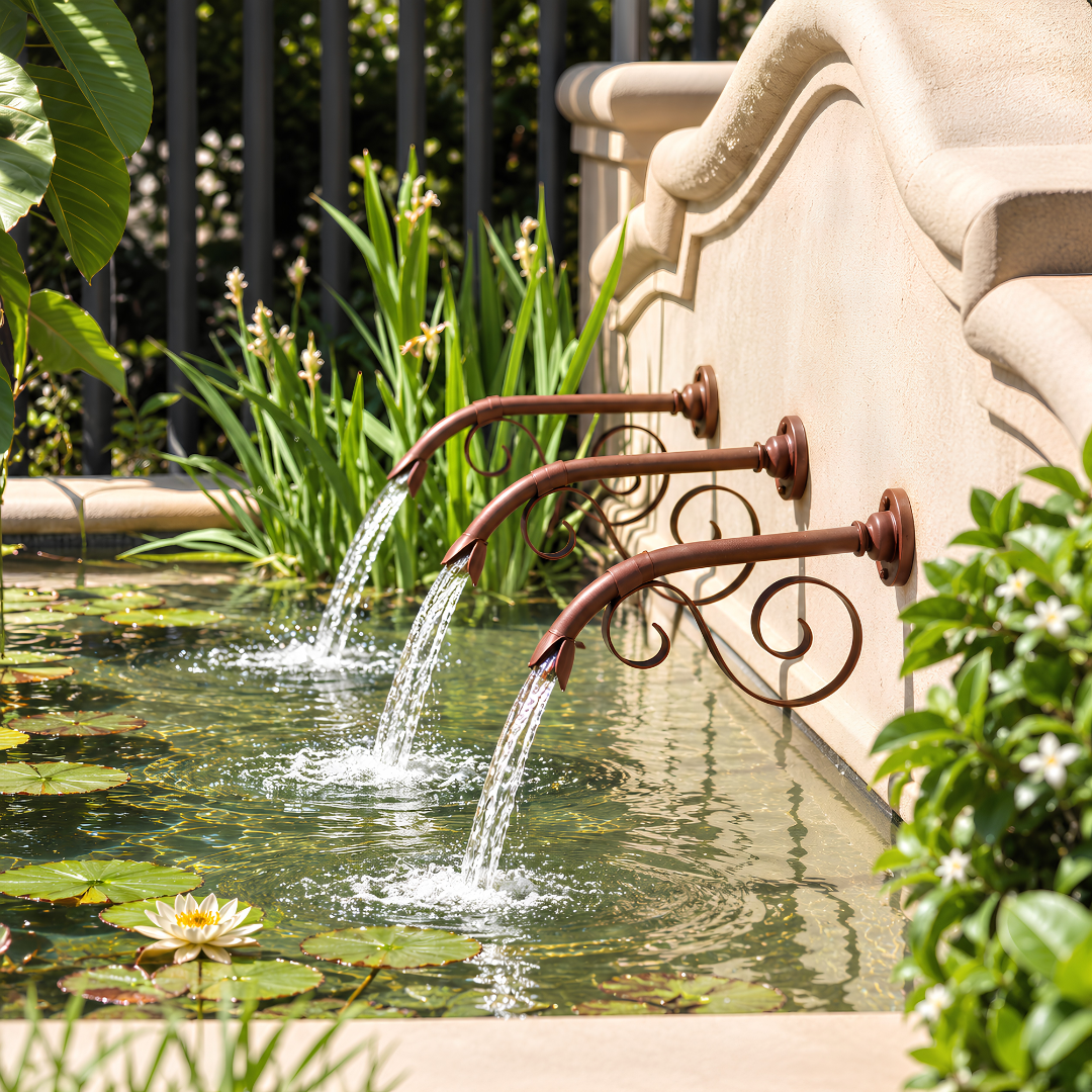 Vintage Water Spout with Decorative Casting Back for wall-mounted garden fountains, ponds and decorative water features