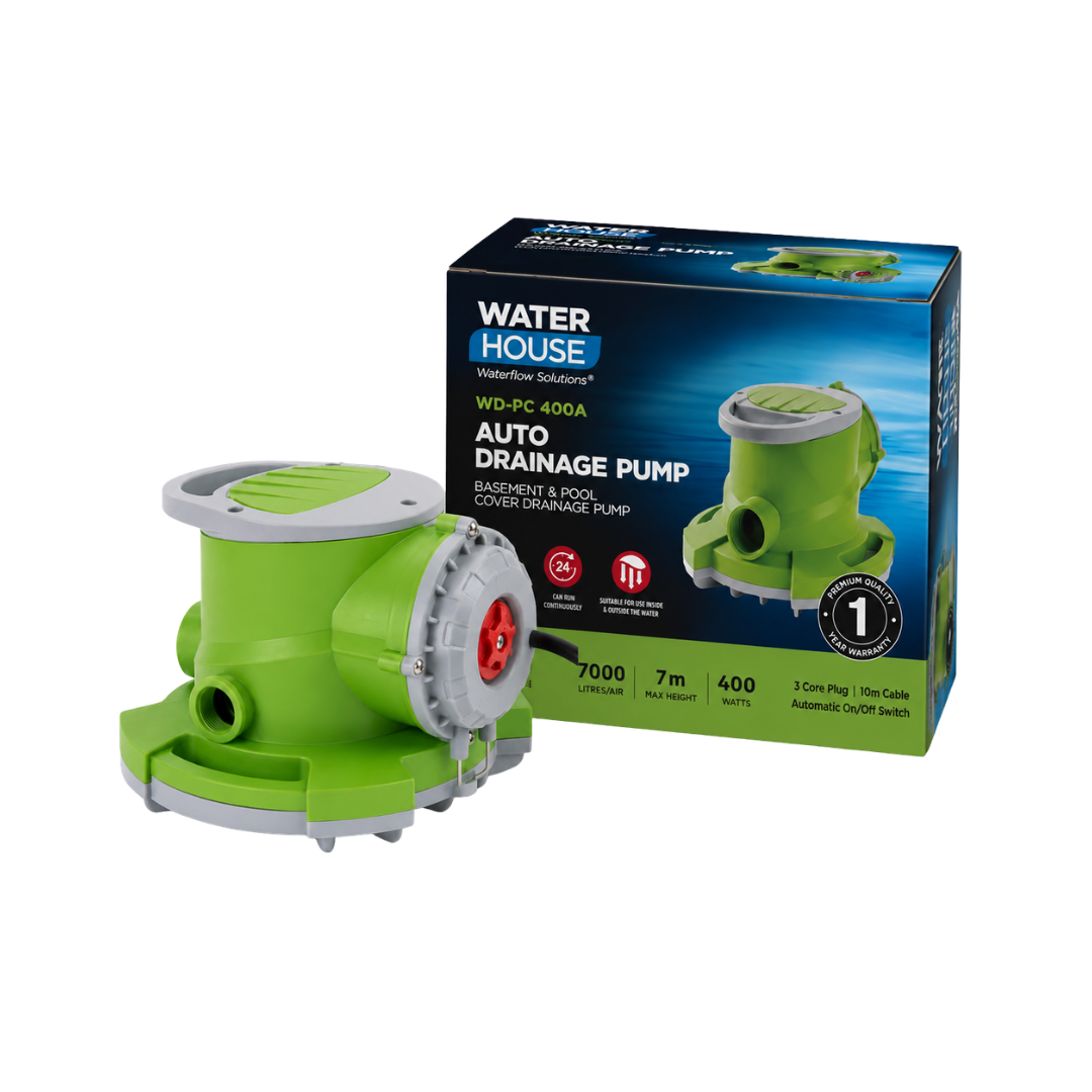 Waterhouse WD-PC 400A 400W automatic submersible drainage pump with 7,000 L/h maximum flow rate, 7m maximum head, 10m cable and automatic water-level operation for pool cover drainage, rainwater removal and household flooding.