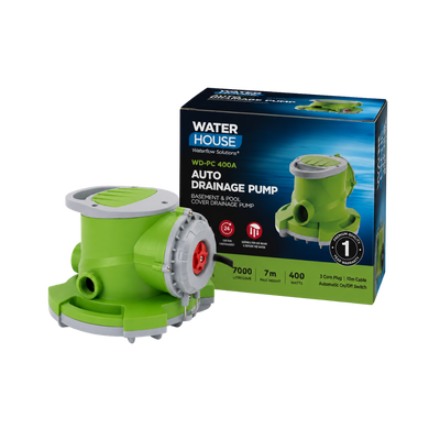 Waterhouse WD-PC 400A 400W automatic submersible drainage pump with 7,000 L/h maximum flow rate, 7m maximum head, 10m cable and automatic water-level operation for pool cover drainage, rainwater removal and household flooding.