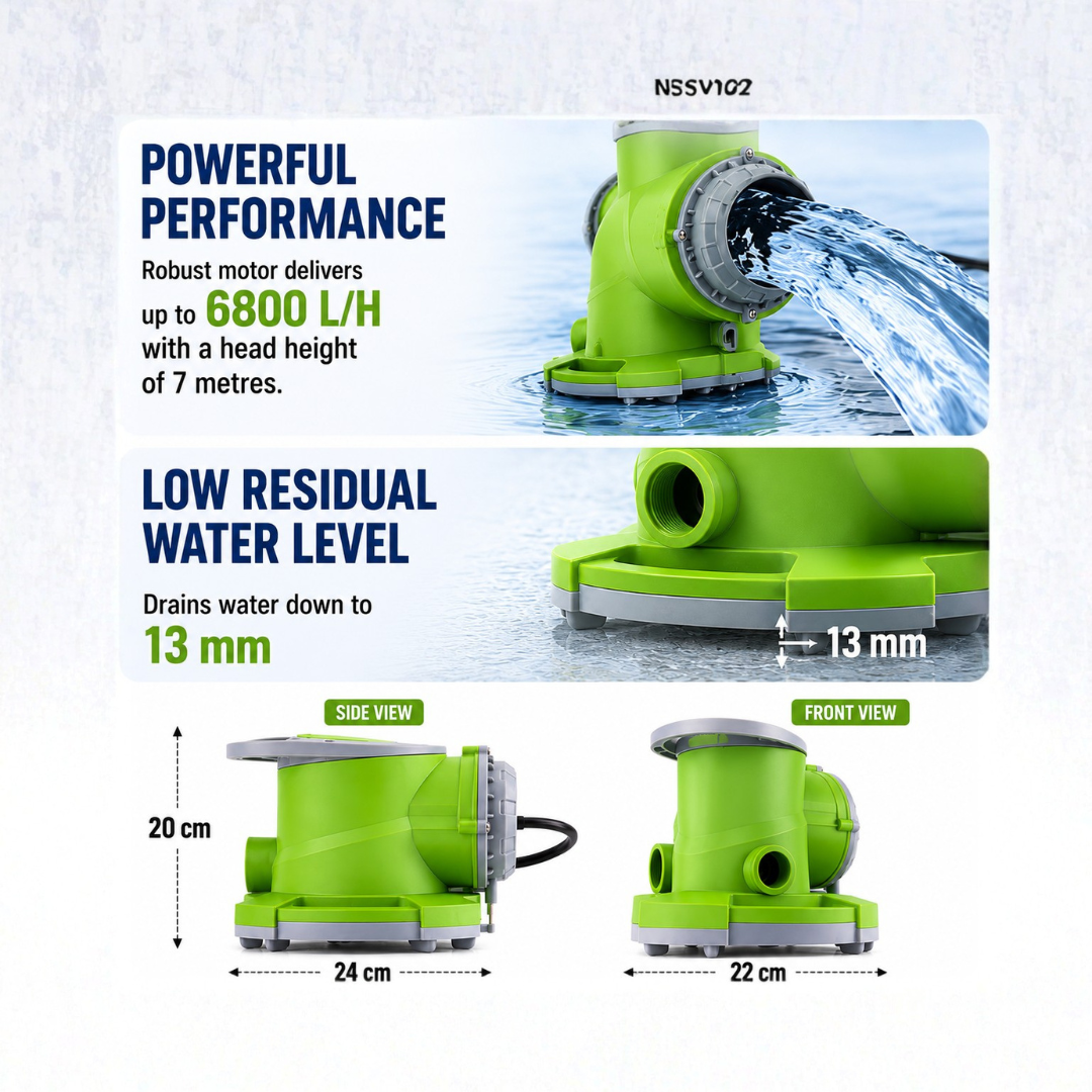 Waterhouse WD-PC 400A 400W automatic submersible drainage pump with 7,000 L/h maximum flow rate, 7m maximum head, 10m cable and automatic water-level operation for pool cover drainage, rainwater removal and household flooding.