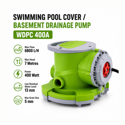 Waterhouse WD-PC 400A 400W automatic submersible drainage pump with 7,000 L/h maximum flow rate, 7m maximum head, 10m cable and automatic water-level operation for pool cover drainage, rainwater removal and household flooding.