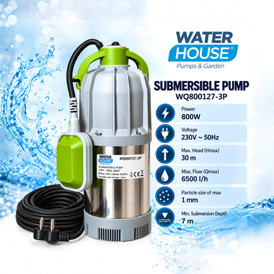 Waterhouse WQ800127-3P 800W submersible clean water drainage pump with 6500L/H flow, 30m max head and float switch