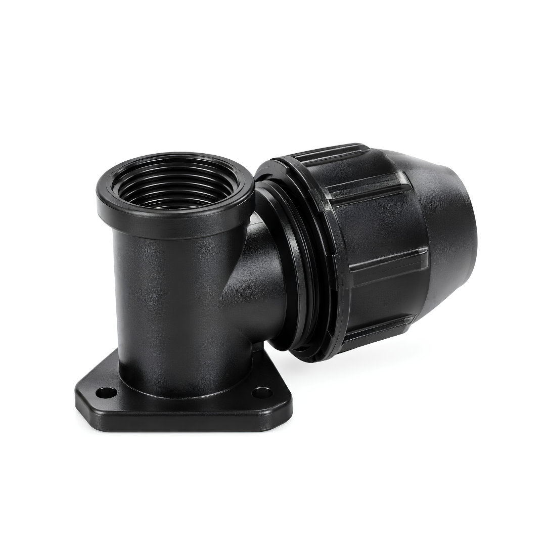 Black compression wall plate female elbow with PE pipe connection, female threaded outlet and mounting plate for irrigation systems