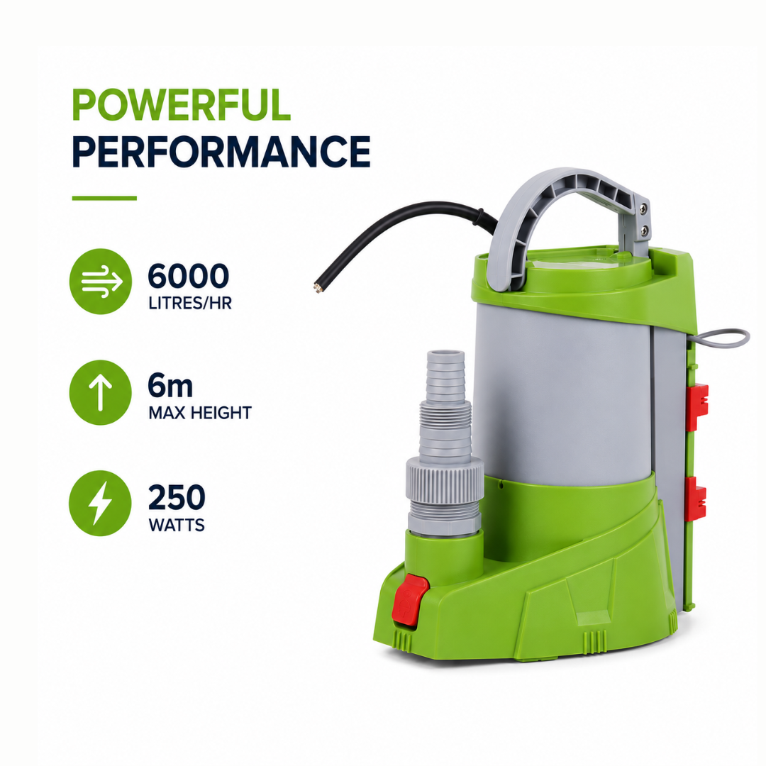 Waterhouse WDA250 250W Automatic Clean Water Drainage Pump with 6,000L/H maximum flow rate, adjustable automatic and manual operation, 2mm low-level water removal and 10m power cable, ideal for draining pool covers, flooded garages, basements and standing water.