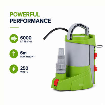 Waterhouse WDA250 250W Automatic Clean Water Drainage Pump with 6,000L/H maximum flow rate, adjustable automatic and manual operation, 2mm low-level water removal and 10m power cable, ideal for draining pool covers, flooded garages, basements and standing water.