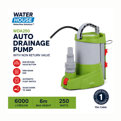 Waterhouse WDA250 250W Automatic Clean Water Drainage Pump with 6,000L/H maximum flow rate, adjustable automatic and manual operation, 2mm low-level water removal and 10m power cable, ideal for draining pool covers, flooded garages, basements and standing water.