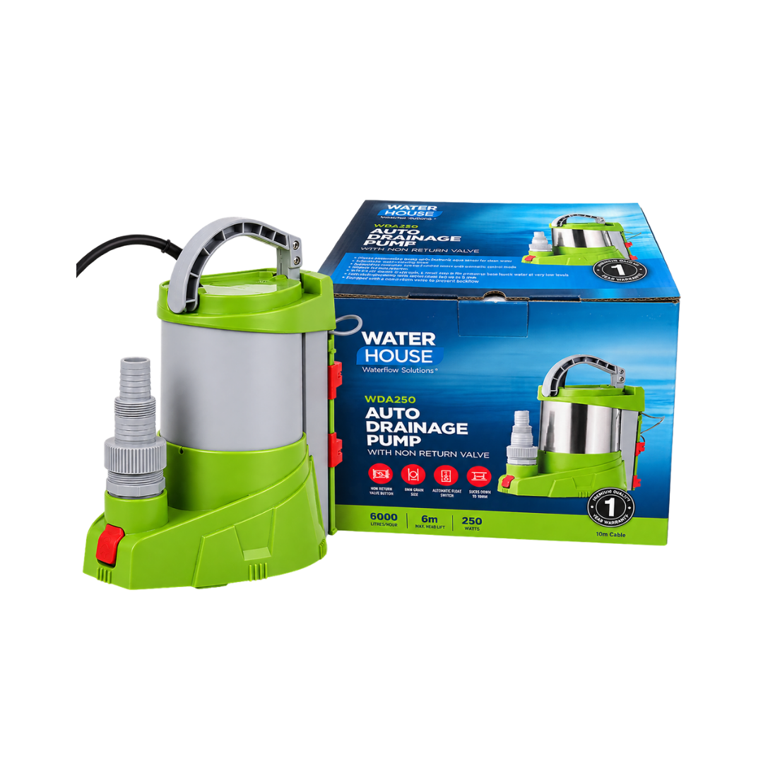 Waterhouse WDA250 250W Automatic Clean Water Drainage Pump with 6,000L/H maximum flow rate, adjustable automatic and manual operation, 2mm low-level water removal and 10m power cable, ideal for draining pool covers, flooded garages, basements and standing water.