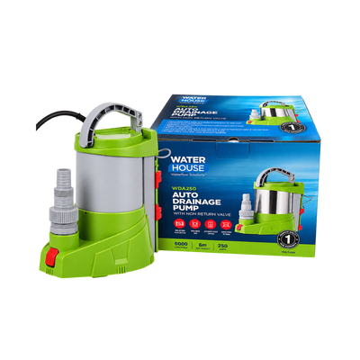 Waterhouse WDA250 250W Automatic Clean Water Drainage Pump with 6,000L/H maximum flow rate, adjustable automatic and manual operation, 2mm low-level water removal and 10m power cable, ideal for draining pool covers, flooded garages, basements and standing water.