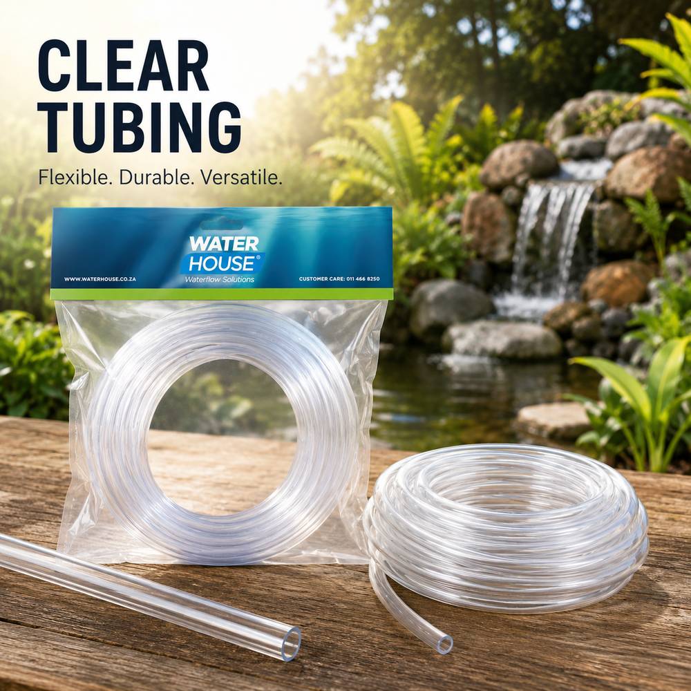 Clear plastic garden tubing shown both inside its blue Water House branded bag and as loose coils on a wooden surface, with a garden pond and waterfall background and the text 'CLEAR TUBING' at the top.