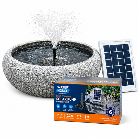 Solar pond fountain system with water bowl, solar panel, and packaging on a white background