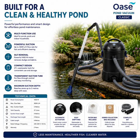 Oase Pond Vacuum Classic black cordless pond cleaner with a flexible blue and black suction tube, shown in a garden pond setting with a technical data chart and feature icons at the bottom.