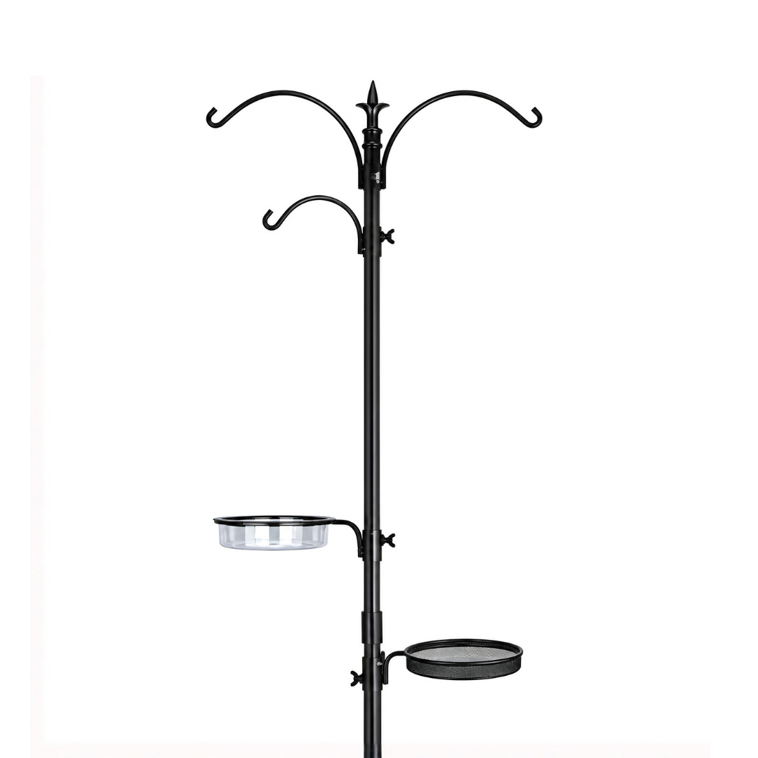 Waterhouse black metal bird feeder station stand with 3 feeder hooks, mesh feeding dish, water dish and 2 metre ground spike pole for garden birds