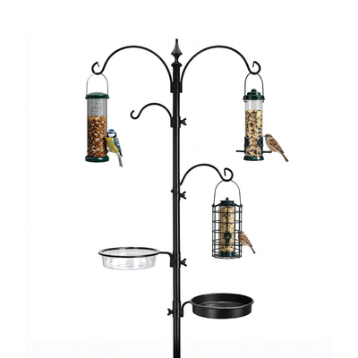 Waterhouse black metal bird feeder station stand with 3 feeder hooks, mesh feeding dish, water dish and 2 metre ground spike pole for garden birds