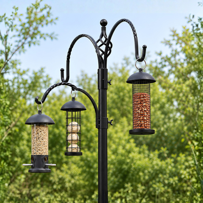 Waterhouse black metal bird feeder station stand with 3 feeder hooks, mesh feeding dish, water dish and 2 metre ground spike pole for garden birds