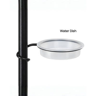 Waterhouse black metal bird feeder station stand with 3 feeder hooks, mesh feeding dish, water dish and 2 metre ground spike pole for garden birds