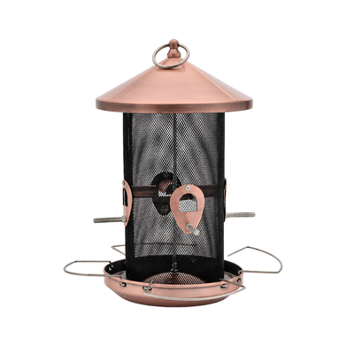Waterhouse rose gold copper hanging bird feeder with protective roof and wire mesh feeding area for attracting garden birds