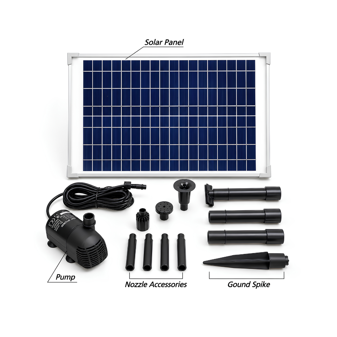 Waterhouse Solar Pond and Fountain Pump Kit 1400L/H with 25W solar panel, 18V 10W submersible fountain pump, two interchangeable fountain nozzles and extension pipes for garden ponds and outdoor water features.